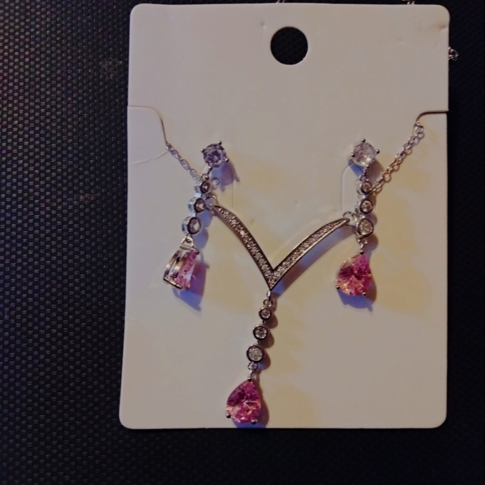Pink and White Diamond Simulants Necklace and Drop Earrings Jewelry Set